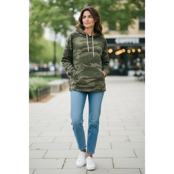 Independent Trading Company Tops - Womens Camo Pullover Hoodie Lightweight Long‎ Sleeve Green Casual
